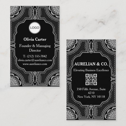 Logo & QR-Code Art Deco Luxus Visitenkarte (Vorne/Hinten)