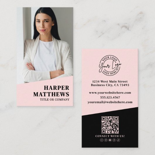 Logo QR Code Blush Pink Visitenkarte (Vorne/Hinten)