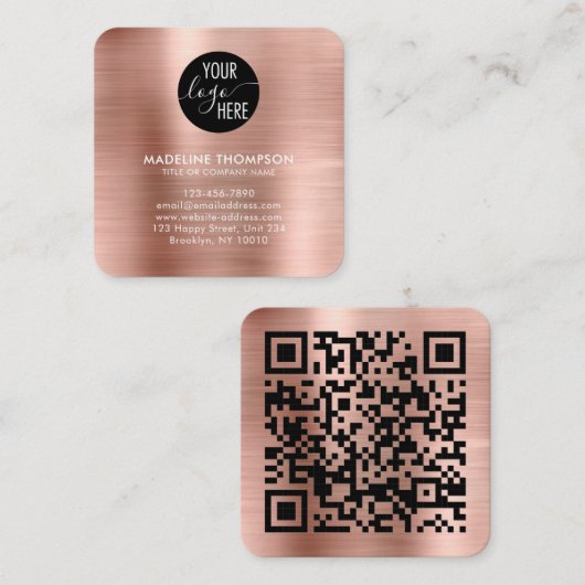 Logo-QR-Code der gebürsteten Metallic-Rose Quadratische Visitenkarte (Vorne/Hinten)