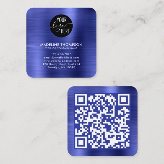 Logo-QR-Code für "Brushed Metallic Blue Company" Quadratische Visitenkarte (Vorne/Hinten)