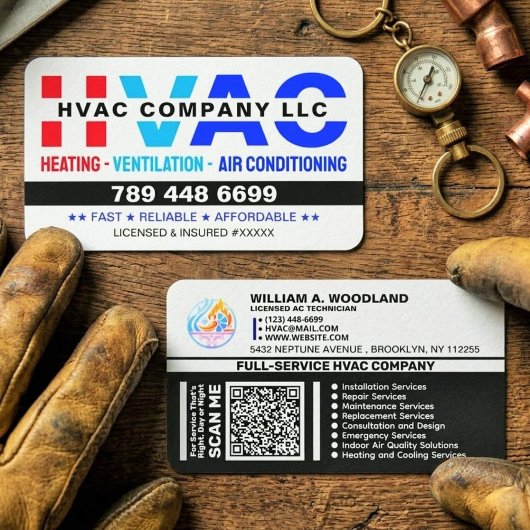 Logo, Qr Code & License - Modern AC Services, HVAC Visitenkarte