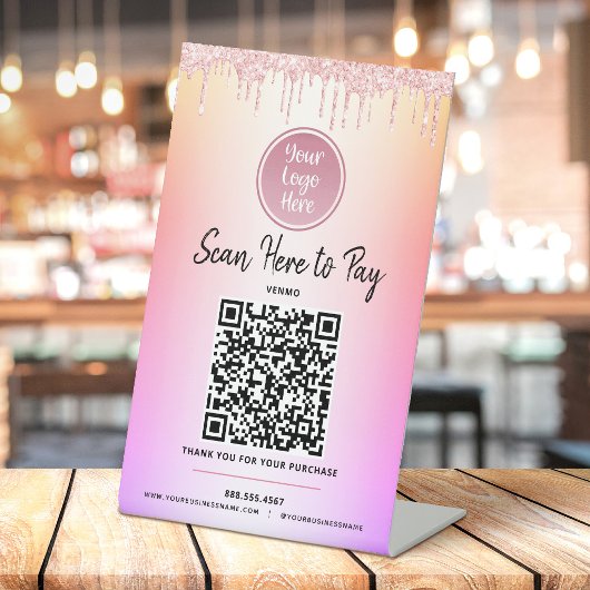 Logo QR Code Rosa Glitzer Pay Here Rainbow Ombre Sockelschild