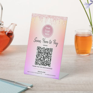 Logo QR Code Rosa Glitzer Pay Here Rainbow Ombre Sockelschild
