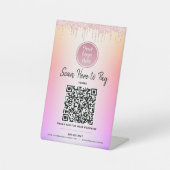 Logo QR Code Rosa Glitzer Pay Here Rainbow Ombre Sockelschild (Vorderseite)