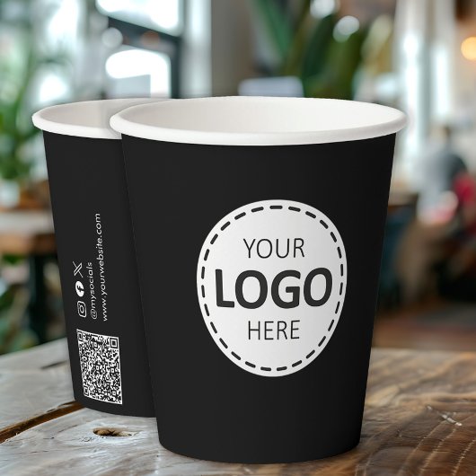 Logo, QR Code Social Media Custom Black Paper Cups Pappbecher