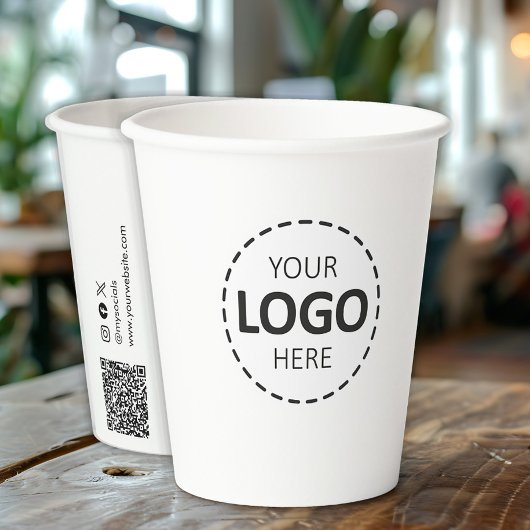 Logo, QR Code Social Media Custom White Paper Cups Pappbecher
