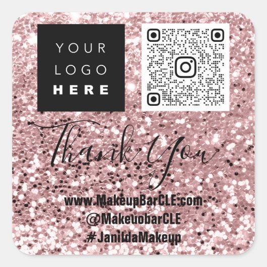 Logo QRCode Name Danke Shopping Glitzer Rose Quadratischer Aufkleber (Vorderseite)