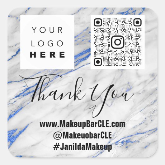 Logo QRCode Name Danke Shopping Marble Gray Blue Quadratischer Aufkleber (Vorderseite)