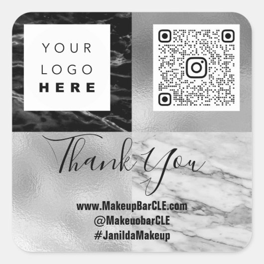 Logo QRCode Name Danke Shopping Marble Gray Geomet Quadratischer Aufkleber (Vorderseite)