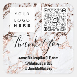 Logo QRCode Name Danke Shopping Marble Rose Weiß Quadratischer Aufkleber