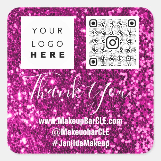Logo QRCode Name Danke Shopping Pink Glitzer Quadratischer Aufkleber (Vorderseite)