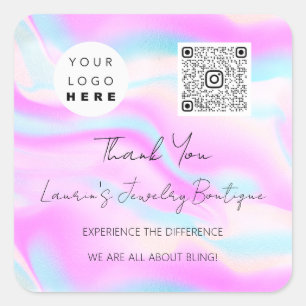 Logo QrCode Online Shop Holografisch Rosa Blau Quadratischer Aufkleber