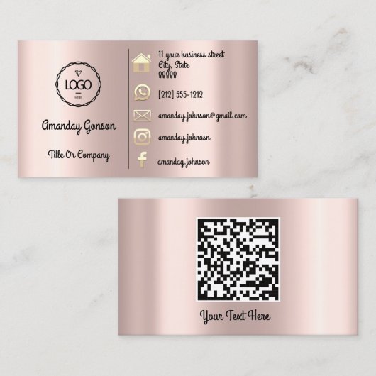 Logo Social Media Gold QR Rose Gold Adress Visitenkarte (Vorne/Hinten)