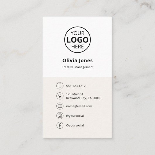 Logo Social Media Minimalistisch Beige Visitenkarte (Vorderseite)