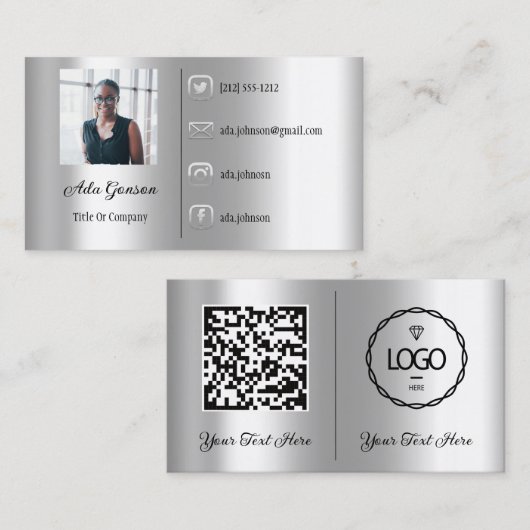 Logo Social Media QR Code Foto Silver Grau Visitenkarte (Vorne/Hinten)