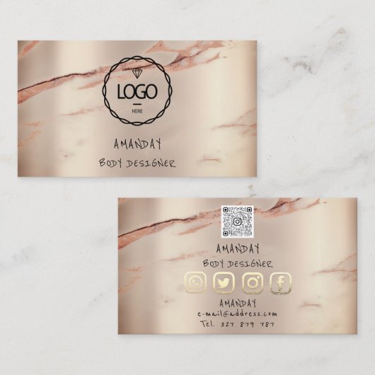 Logo Social Media QR Code Gold Rose Stone Marble Visitenkarte (Vorne/Hinten)