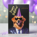 Logo Spaß Funny Golden Retriever Party Geburtstag Karte<br><div class="desc">Mit dieser humorvollen und stilvollen Vorlage für den Geburtstag eines Unternehmens wünscht sich der Geburtstag eines Geschäftes noch mehr Spaß. Dazu kommt ein goldener Retriever, der für diesen Anlass gekleidet ist! Mit einem lila glitzernden Party Hut, dunkelblauen glitzernden Anzug und trendigen Sonnenbrillen bringt dieser Paperjunge jedem Empfänger Freude und Lachen....</div>