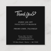 Logo und benutzerdefinierter Rabattcode Schwarz Quadratische Visitenkarte (Rückseite)