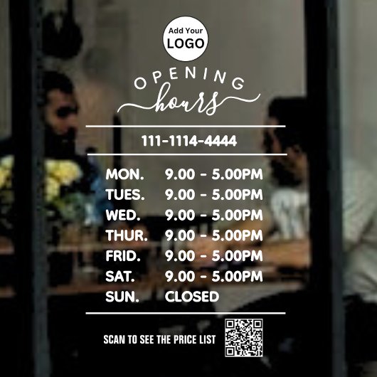 Logo und Code für die Öffnungszeiten des White Bus Fensteraufkleber