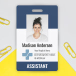 Logo und Foto-ID für personalisierte Krankenhausmi Ausweis<br><div class="desc">Personalisiertes Hospital Mitarbeiter Logo & Foto ID Navy Blau und Weiß Modernes Abzeichen Ihr Health Care Company Logo Foto Clip Doctor und Krankenwagen Name Abzeichen.</div>