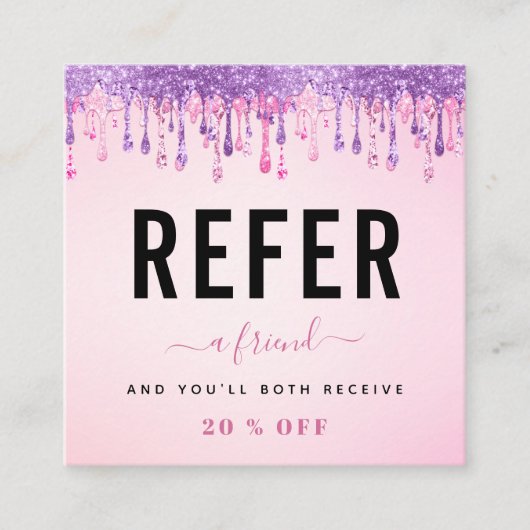 Logo und Markenname für den Lila Glitzer in Rosa Empfehlungskarte (Vorderseite)