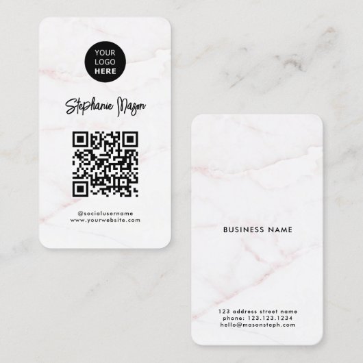 Logo und QR-Code | Eleganter White Rose Gold Marmo Visitenkarte (Vorne/Hinten)