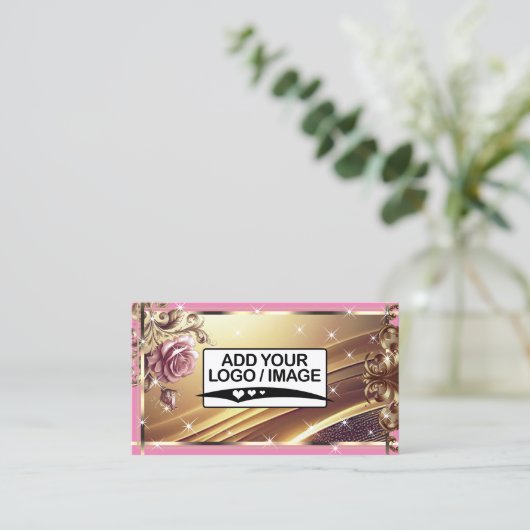 Logo-Vorlage Luxus Chic Gold Rosa Blume Visitenkarte (Stehend Vorderseite)