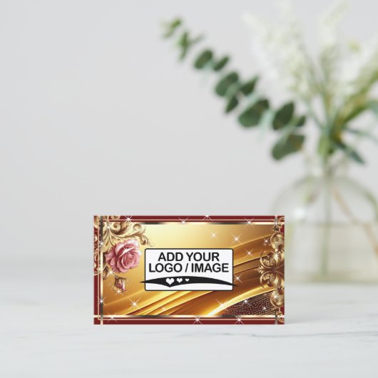 Logo-Vorlage Luxus Chic Gold Rote Rose Blume Visitenkarte (Stehend Vorderseite)