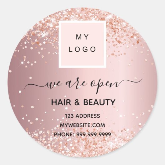 Logos Wiedereröffnung Schönheitssalon Rose Gold Runder Aufkleber (Vorderseite)