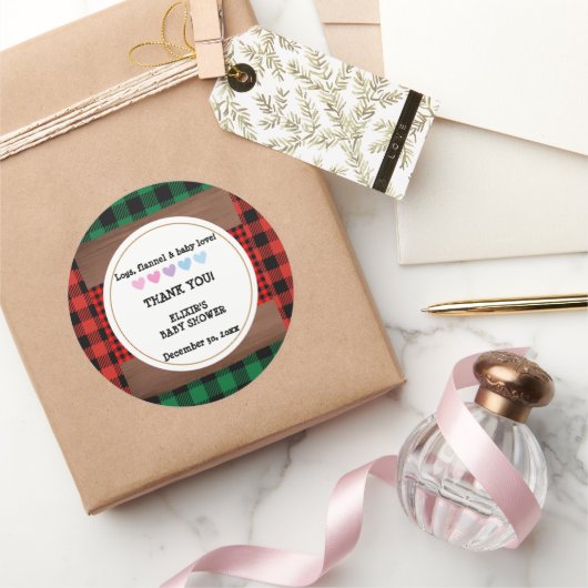 Logs Flannel Rustic Kariert Hearts Baby Dusche Runder Aufkleber (Schenken)