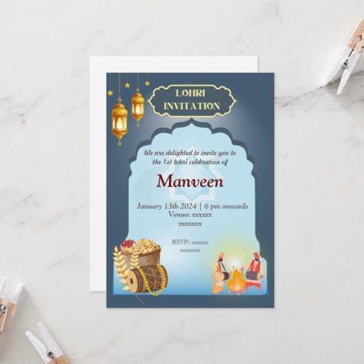 Lohri Invitation - grau & blau Einladung (Vorderseite/Rückseite Beispiel)