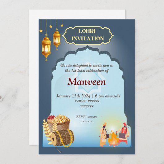 Lohri Invitation - grau & blau Einladung (Vorne/Hinten)