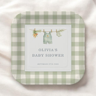Lokal angebaute Gingham Salbei-Grün-Baby-Party Pappteller