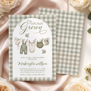 Lokal angebaute, salbeigrüne Gingham-Farm-Baby-Par Einladung