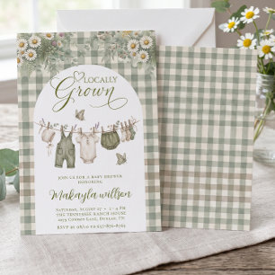 Lokal angebaute Salbeigrüne Gingham-Farm-Baby-Part Einladung