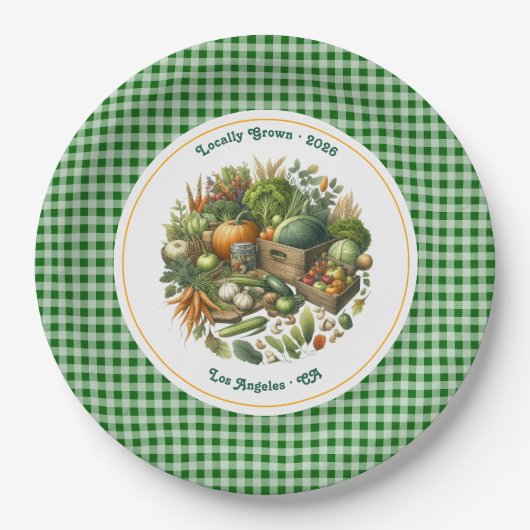 Lokal gezüchtet - Gingham Market Harvest Geburtsta Pappteller (Vorderseite)