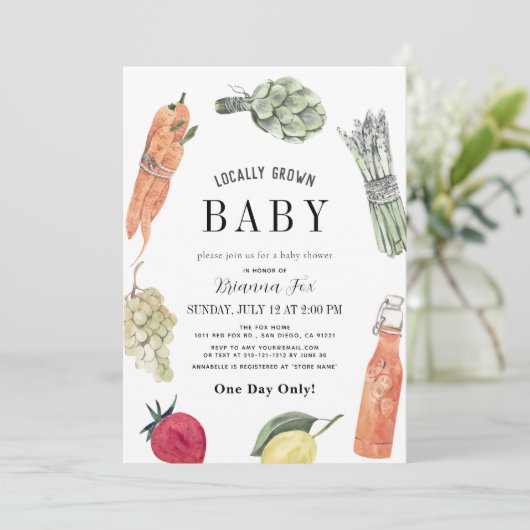 Lokal gezüchtete Baby Bauern Market Baby Shower Einladung (Stehend Vorderseite)