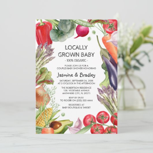 Lokal gezüchtete Bauern Markt Paare Babydusche Einladung (Stehend Vorderseite)