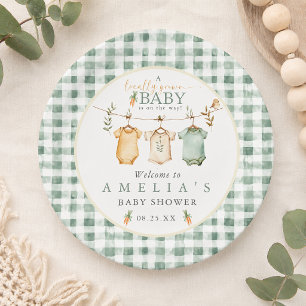 Lokale Babysachen am Wäscheständer - Babyparty Pappteller