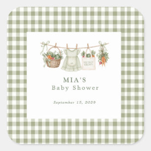 Lokale Salbei-Gingham-Baby-Party  Quadratischer Aufkleber