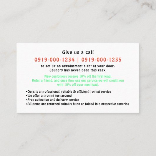Lokaler beruflicher bügelnder Service Visitenkarte (Rückseite)