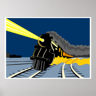 Lokomotive mit Dampfzug bei Nachtlicht Poster