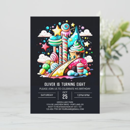 Lollipop Candy Fantasy Birthday Einladung (Stehend Vorderseite)