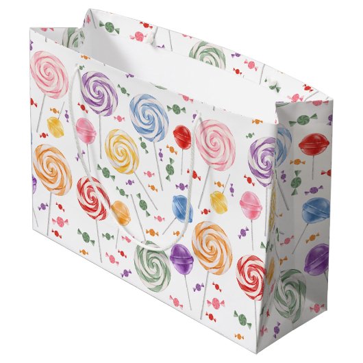 Lollipop Candy Pattern farbenfroh Große Geschenktüte (Rückseite Schrägansicht)