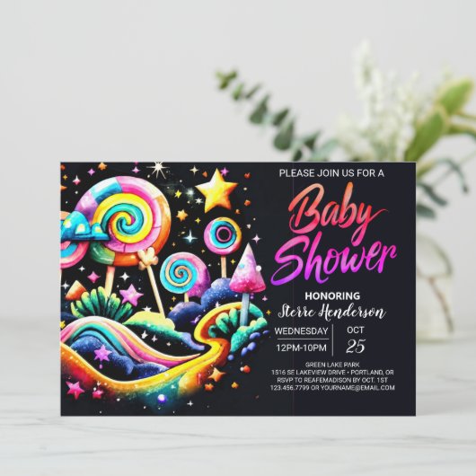 Lollipop Fantasy Baby Shower Einladung (Stehend Vorderseite)