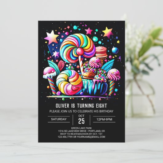 Lollipop Fantasy Birthday Einladung (Stehend Vorderseite)