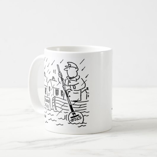 Lollipop Man Ruderboot in Flut mit Lollipop Kaffeetasse (Vorderseite Links)