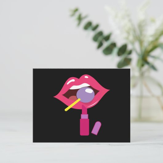 Lollipop rote Lippen. Girly Lippenstift-Süßigkeite Postkarte (Stehend Vorderseite)