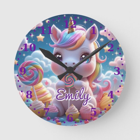Lollipop Unicorn Wall Clock - bearbeitbarer Name Runde Wanduhr (Vorderseite)