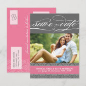 Lolly Pink und Gray Damask Save the Date Ankündigungspostkarte (Vorne/Hinten)
